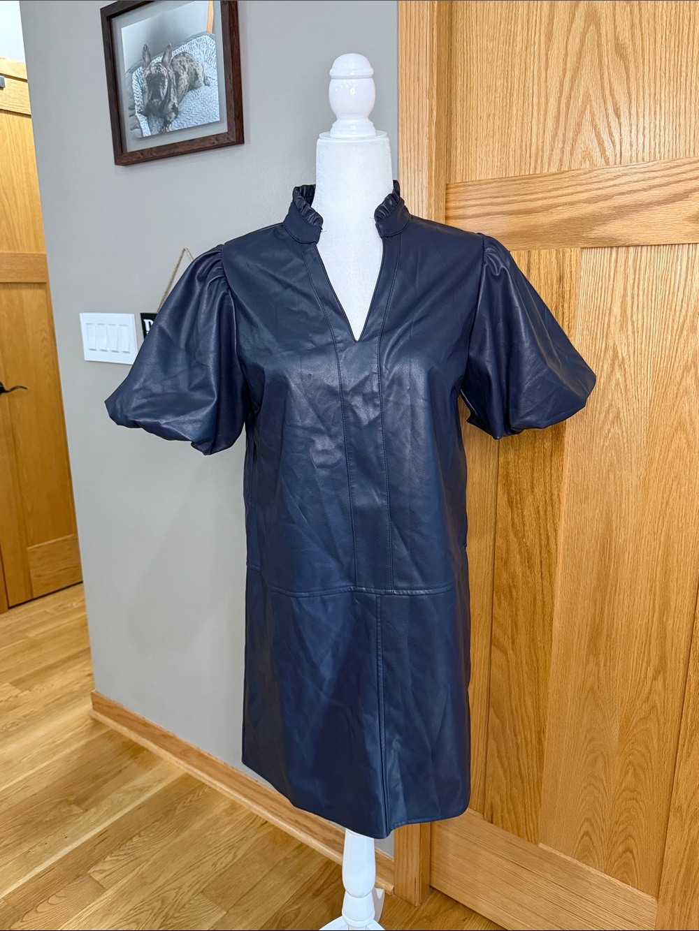 Faux Leather Puff Sleeve Mini Dress - Navy